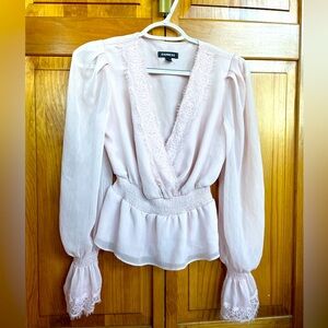 Express blouse, pale pink, lace design, sheer sleeves, XXS